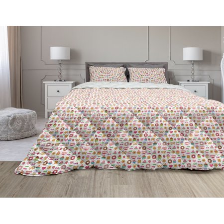 Dessert Comforter & Sham Bedding Set  Confectionary Pattern of Pretzels and Candies on Pinky Polka Dotted Background  3 Pcs Duvet Set Microfiber Filli