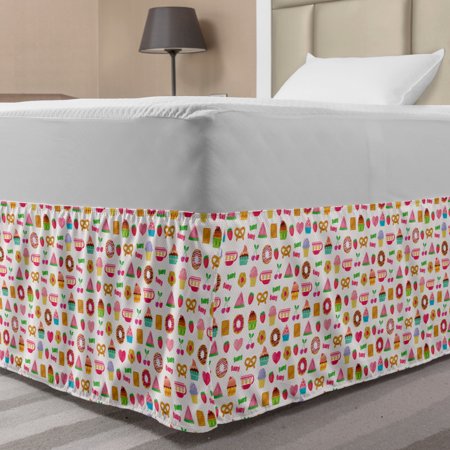 Dessert Bed Skirt  Confectionary Pattern of Pretzels and Candies on Pinky Polka Dotted Background  Elastic Bedskirt Dust Ruffle Wrap Around for Beddin