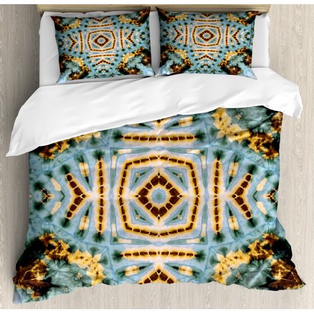 Hippie Duvet Cover Set King Size  Close Hippie Kaleidoscope Motif Maya Clan Figures Dirt Tones Counter Culture Print  Decorative 3 Piece Bedding Set w