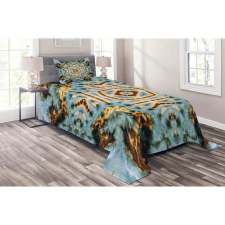 Hippie Coverlet Set Twin Size  Close Hippie Kaleidoscope Motif Maya Clan Figures Dirt Tones Counter Culture Print  Quilted 3 Piece Decor Bedspread Set