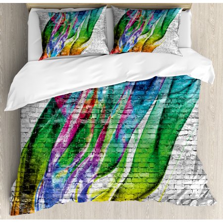 Brick Wall Queen Size Duvet Cover Set  Colorful Grunge Scribbled Drawing on Surface Town Counter Culture Artisan Icon  Decorative 3 Piece Bedding Set 