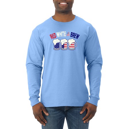 Wild Bobby  July 4th Beer Party Red White and Brew USA  Americana/American Pride  Men Long Sleeve Shirt  Light Blue  Small