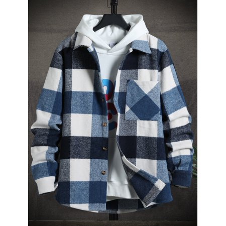 Men Buffalo Plaid Patched Pocket Overcoat Without Hoodie M(6) Blue and White Preppy F034D