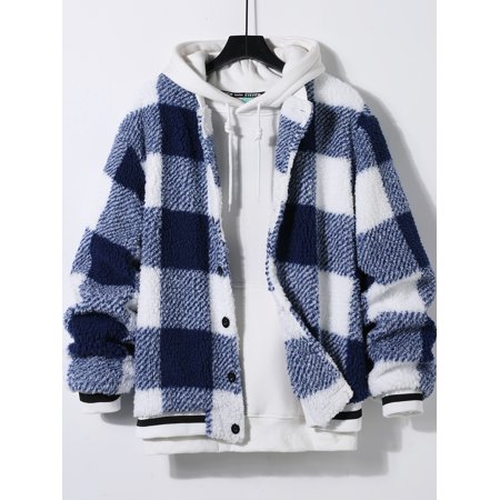 Blue and White Men Buffalo Plaid Print Teddy Bomber Jacket Without Hoodie Preppy M(6) S034E