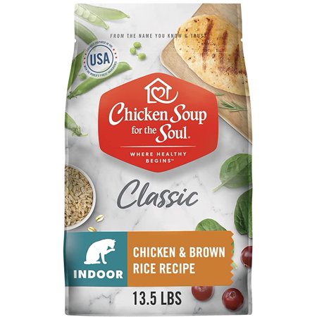Chicken Soup for the Soul Pet Food - Indoor Cat Food  Chicken & Brown Rice Recipe  13.5 Lb. Bag  Soy  Corn & Wheat Free  No Artificial Flavors or Pres