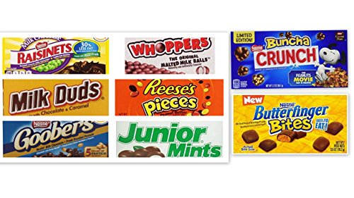 Movie Theater Candy Bundle (Pack of 8) Includes Milk Duds, 5 Oz + Whoppers, 5 Oz + Junior Mints, 4 Oz + Goobers + Reese's Pieces + Raisinets + Nestle