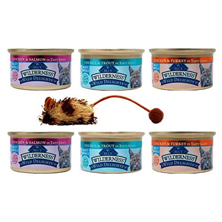 Blue Buffalo Wilderness Wild Delights Grain Free Natural Meaty Morsels Cat Food 3 Flavor 6 Can Sampler with Toy Bundle  (2) Each: Chicken Turkey  Chic