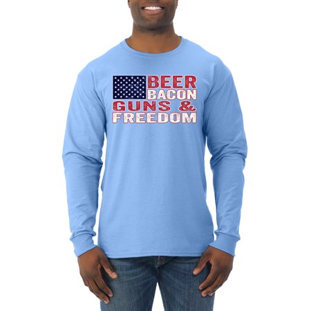 Wild Bobby Beer Bacon & Freedom Americana/American Pride Men Long Sleeve Shirt  Light Blue  Small