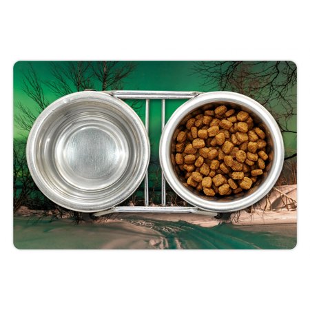 Aurora Borealis Pet Mat for Food and Water  Snowy Frozen Road Path Between Leafless Trees Finland Park  Non-Slip Rubber Mat for Dogs and Cats  18  X 1