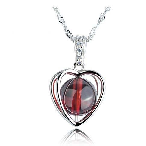 Womens 925 Sterling Silver Gemstone Garnet Heart Crystal Pendant Necklace Chain