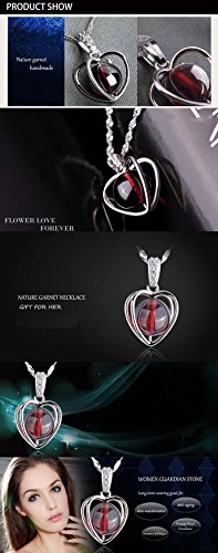 Womens 925 Sterling Silver Gemstone Garnet Heart Crystal Pendant Necklace Chain thumbnail