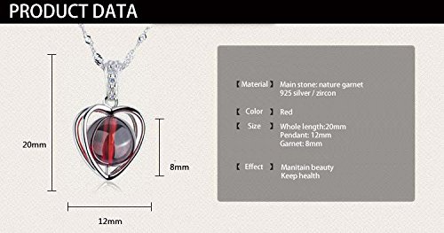 Womens 925 Sterling Silver Gemstone Garnet Heart Crystal Pendant Necklace Chain thumbnail