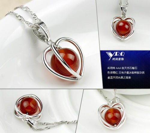 Womens 925 Sterling Silver Gemstone Garnet Heart Crystal Pendant Necklace Chain thumbnail
