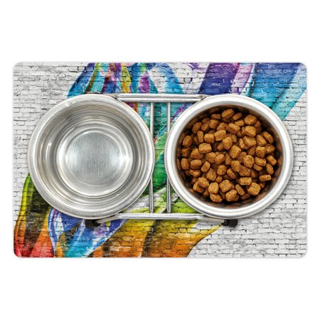 Brick Wall Pet Mat for Food and Water  Colorful Grunge Scribbled Drawing on Surface Town Counter Culture Artisan  Non-Slip Rubber Mat for Dogs and Cat