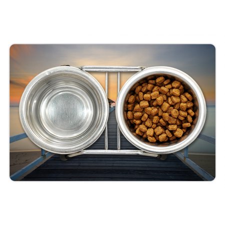 Nautical Pet Mat for Food and Water  Long Exposure Deck Path by the Sea Shorline with Horizon Sunset Landscape  Non-Slip Rubber Mat for Dogs and Cats 