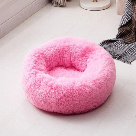 MEROTABLE Pet Dog Winter Round Plush Bed House Soft Long Plush Cat Bed for Small Dogs Cats  Fresh Pink XS