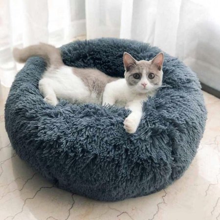 MEROTABLE Pet Dog Winter Round Plush Bed House Soft Long Plush Cat Bed for Small Dogs Cats  Dark Gray M