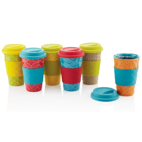Set of 6 Stoneware Travel Mugs with Silicone Lids and Removable Grips, 12 Fl. Oz Capacity Each (Moroccan Collection)