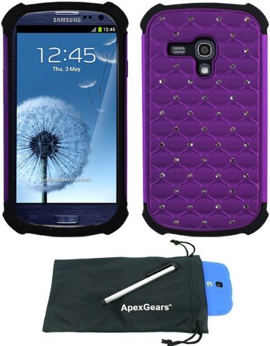 For Samsung Galaxy S3 Mini I8190 Studded Diamond Armor Phone Cover Case with Stylus Pen and ApexGears (TM) Phone Bag (Purple Black) thumbnail 