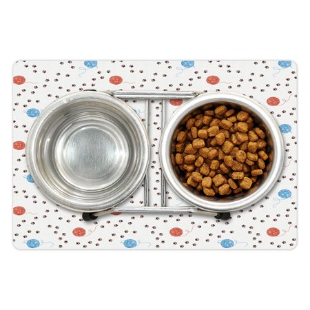 Cat Pet Mat for Food and Water  Animal Kitten Paw Footprints Paths Clew of Threads Yarn Pet Playful  Non-Slip Rubber Mat for Dogs and Cats  18  X 12  