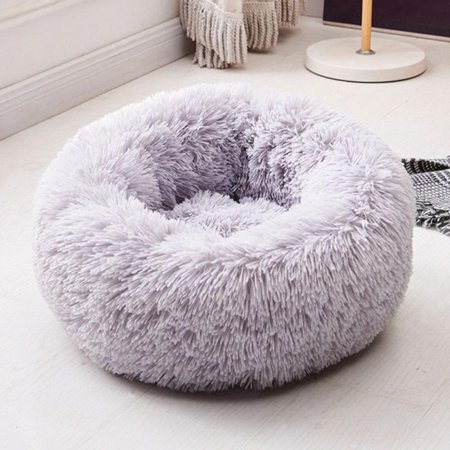 MEROTABLE Pet Dog Winter Round Plush Bed House Soft Long Plush Cat Bed for Small Dogs Cats  Light Gray M