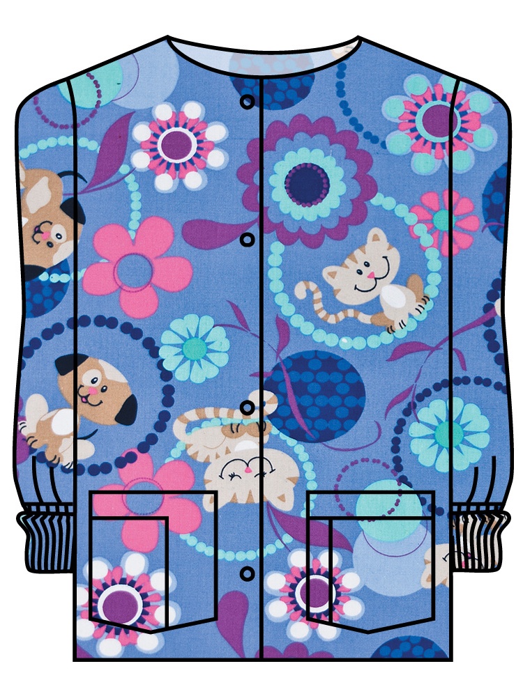 Landau Women's Crew Neck Warm-up Pet Print Scrub Jacket