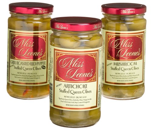 Miss Leone's Stuffed Queen Olives: Mushroom, Artichoke, Grill Roasted Red Pepper, 12-Ounce Jars (Pack of 3)