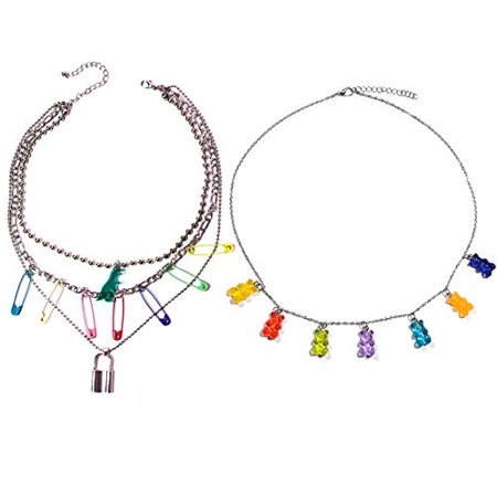 Sclorey Igirl Necklace Indie Aesthetic Necklace Y2k Goth Jewelry Alt Choker Gummy Bear Necklace Egirl Chain Pin Necklace Lock Necklace for Girl Women