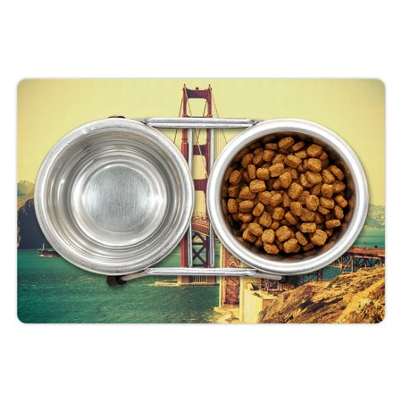 Vintage Pet Mat for Food and Water  Old Film Featured Golden Gate Bridge Suspension Urban Path Construction Scenery  Non-Slip Rubber Mat for Dogs and 