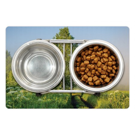 Nature Pet Mat for Food and Water  Serenity Trees Forest Track Path Garden Leaves Grass Sunny Skies Photography  Non-Slip Rubber Mat for Dogs and Cats