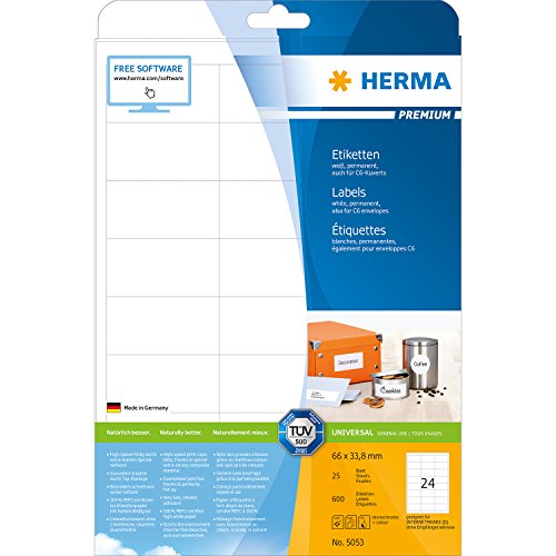 HERMA Self Adhesive Multi-Purpose Labels, 24 Labels per A4 Sheet, 600 Labels for Laser and Inkjet Printers, Small, 66 X 33.8 Mm (5053), White