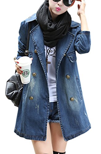 Cloudy Arch Womens Leisure Double Breasted Slim Long Windbreaker Denim Jacket(9332 Blue,Small)