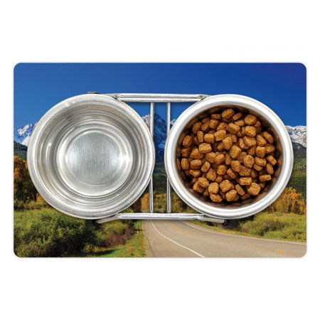 Evergreen Pet Mat for Food and Water  Countryside Landscape Scene of Snow Capped Mountains and Path Into the Woods  Non-Slip Rubber Mat for Dogs and C