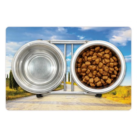 Italian Pet Mat for Food and Water  View of Earth Road Path Between Trees Row in Mediterranean Historic Culture  Non-Slip Rubber Mat for Dogs and Cats