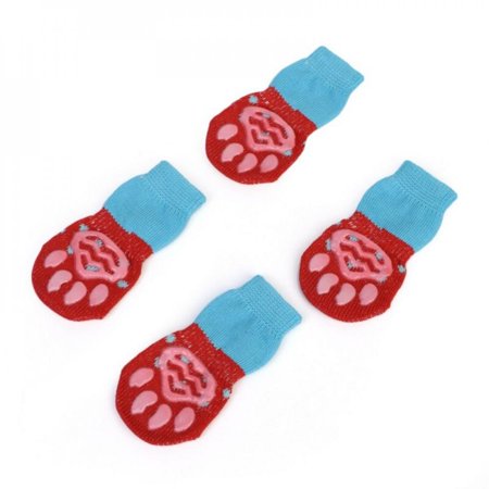 Sonbest 4 Pcs/set Pet Dog Socks Soft Cotton Warm Antiskid Paws Dirts Away Dog Cat Easy Washing Shoe Socks for Pets Blue Red M