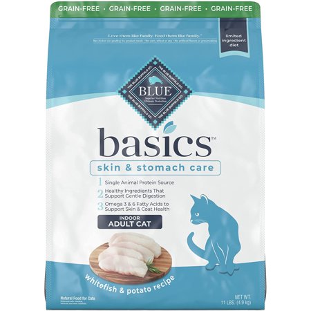 Blue Buffalo Basics Skin & Stomach Care Indoor Fish and Potato Dry Cat Food for Adult Cats  Grain-Free  11 Lb. Bag