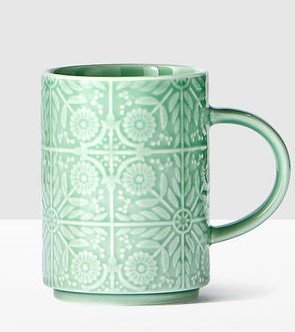 Starbucks Jade Green Floral Handle Mug 12 Oz
