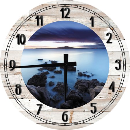 Wood Wall Clock 18 Inch Round Ocean Wall Art Stone Path Into the Foggy Ocean Water Scenic Sky Round Small Battery Operated White