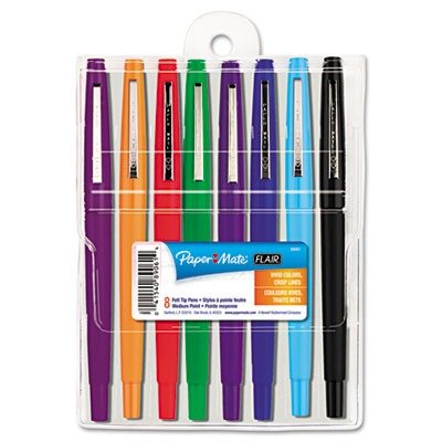 Paper Mate Flair Porous-Point Felt Tip Pen, Medium Tip, 8-Pack, Black, Assorted Colors, END