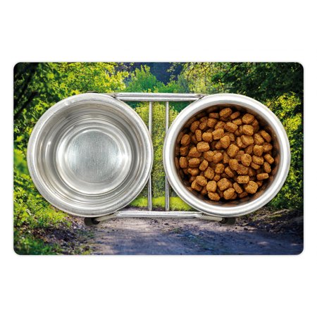 Spring Pet Mat for Food and Water  Path in Forest by the Lake Sunlight Reflecting on Fresh Leaves Tranquil Image  Non-Slip Rubber Mat for Dogs and Cat