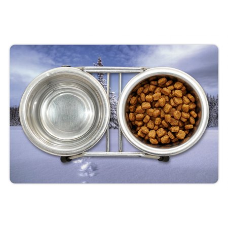 Off White Pet Mat for Food and Water  Snowy Path Leading Through to Some Trees Cloudy Sky Scene in a Winter Setting  Non-Slip Rubber Mat for Dogs and 