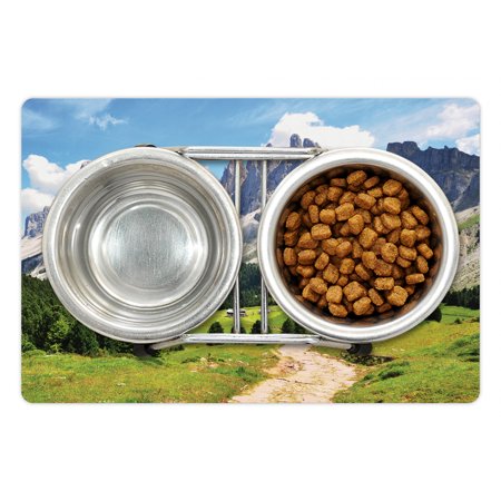 Mountain Pet Mat for Food and Water  Winding Path Into the Pine Tree Forest Meadows and Mountain Scenery Print  Non-Slip Rubber Mat for Dogs and Cats 