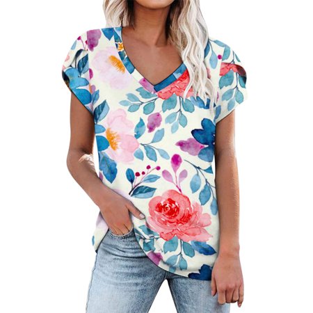 Onlywo Womens Tops Dressy Casual  Women S Summer Casual T Shirt Short Sleeve V Neck Loose Pullover Floral Print Trendy Comfortable Tee Tops Blouse