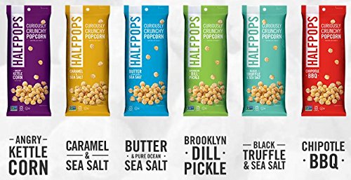 Halfpops Curiously Crunchy Popcorn 1.4 Oz. Each 6 Flavor Pack ( Caramel Sea Salt, Chipotle BBQ, Angry Kettle Corn, Brooklyn Dill Pickle, Black Truffle