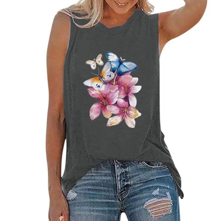 Onlywo Womens Tops Dressy Casual  Women S Summer Casual Tank Tops Sleeveless Crew Neck Loose T Shirt Butterfly Floral Print Comfy Pullover Blouse