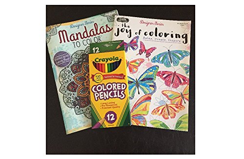 Two (2) Adult COLORING Books W/12 Crayola Color PENCILS - Art Creativity Relaxation - Chill (Mandalas & Joy of Coloring)