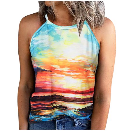 Onlywo Blouses for Women Plus Size  Women S Casual Sleeveless Tank Tops Colorful Tie Dye Print Round Neck Pullover Loose Comfortable Vest Blouse