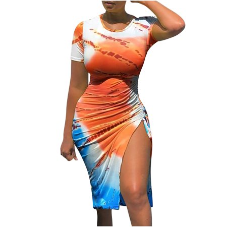 Womens Dresses 2022 Dress Women S Sexy Summer Short Sleeve Round Neck Printed Drawstring Slitting Dress Sun Dress for Women 2292