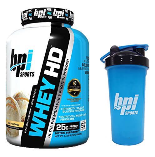 BPI Sports Whey-HD Ultra Premium Whey Protein Powder, 4.5 Lbs with BONUS BPI Shaker Bottle (Vanilla Caramel)