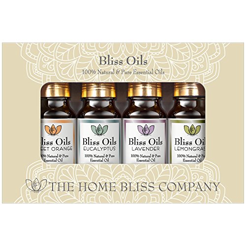 *New* Bliss Oils - Essential Oils Aromatherapy Top 4 Gift Set - 100% Pure & Natural. Inc. Eucalyptus, Lavender, Sweet Orange & Lemongrass Oil